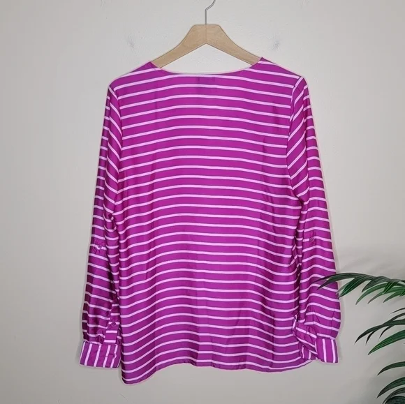 Ann Taylor Factory | Bright Pink Striped V-neck Blouse Size Small - Picture 3 of 5